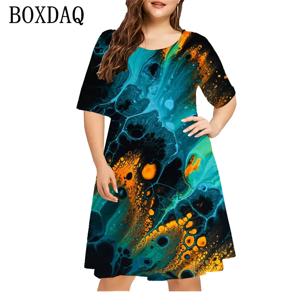 Robe à imprimé éclaboussures d'encre pour femmes, nouveau motif abstrait, robe grande taille, vêtements respirants décontractés à manches courtes, 8XL, 9XL