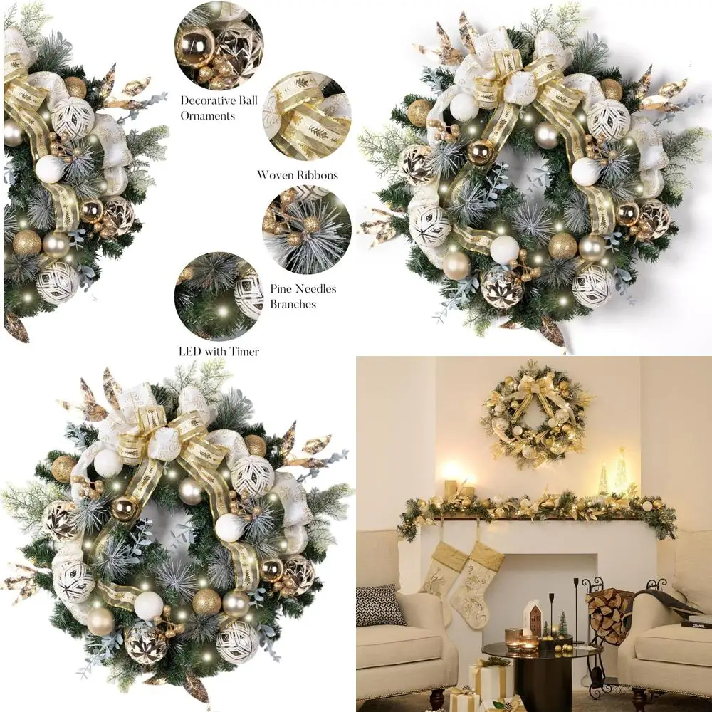 

24 Inch Pre-Lit Christmas Wreath with White & Gold Balls and Ribbons for Outdoor Holiday Decor