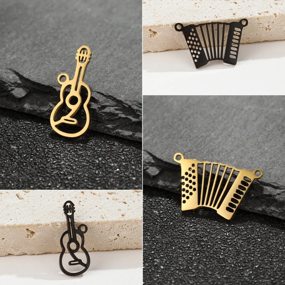 Shuangshuo 5pcs/lot Stainless Steel Accordion Pendant Musical Instrument Guitar Charms for Jewelry Making DIY Handmade Craft