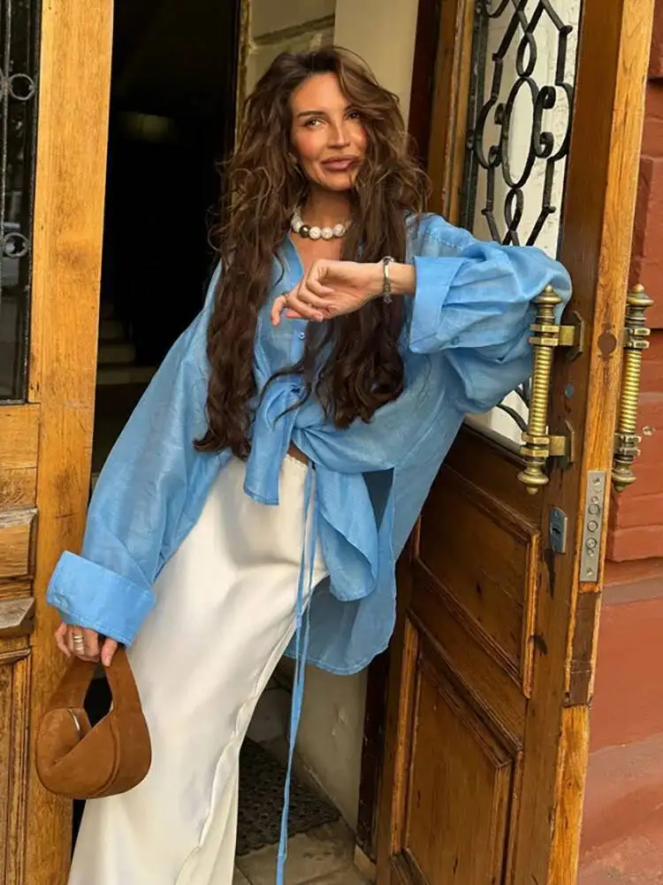 Fantoye Herfst Nieuwe Turn-down Kraag Vrouwen Blouses Blauw Lange Mouw Single Breasted Blouses Vrouwelijke Losse Casual Streetwear 2025