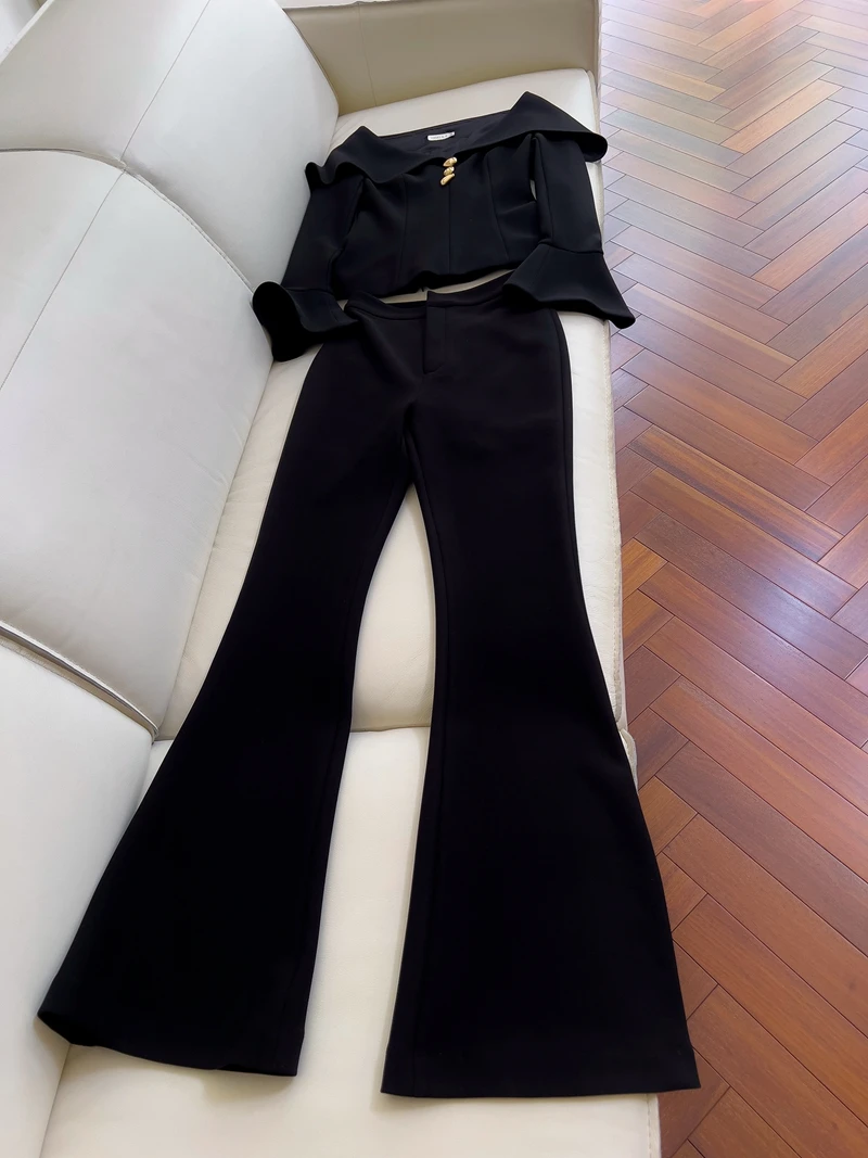 

Великолепный винтажный костюм на заказ с расклешенным светом и отложным воротником, модные утягивающие длинные брюки для осенней погоды