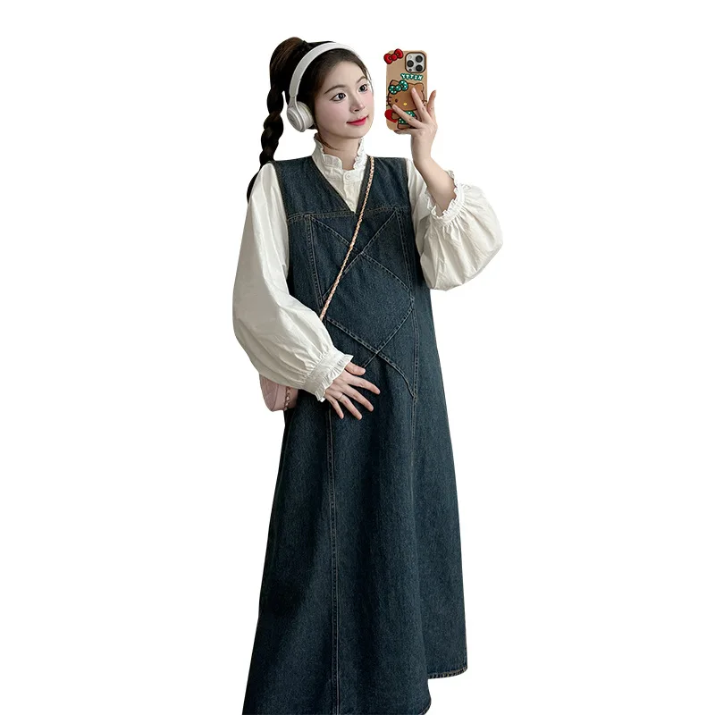 2025 Denim Pregnancy Set Autumn Chambray Shirt Pinafore Dress Two Piece Outfit Stylish Comfortable Chic Maternity Wear