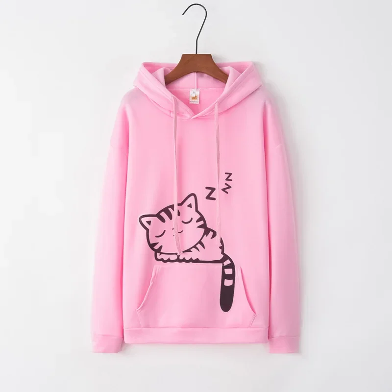 Sudadera con capucha de orejas de gato para mujer, jersey de manga larga con estampado de gato, Top informal, viaje diario, Invierno