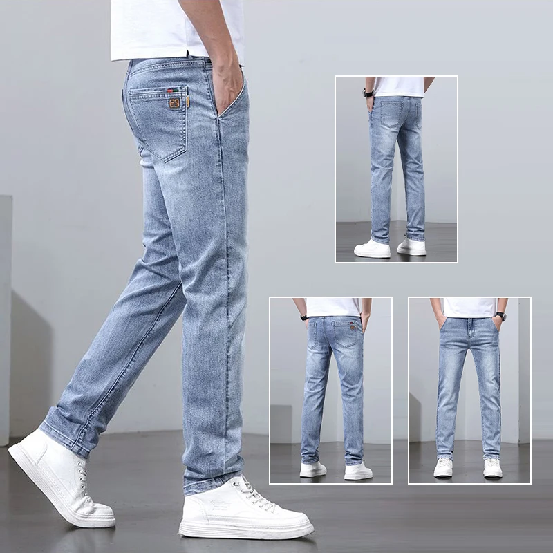 Versátil fino ajuste respirável calças 2025 homens primavera verão estilo básico impressão jeans masculino elasticidade solta calças jeans retas