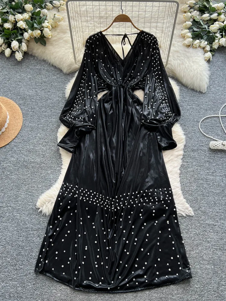 Faionable couleur métal lourd embelli diamant v-ne ceinturé lanterne Sve Dr jupe longue pour femme qui placent la taille