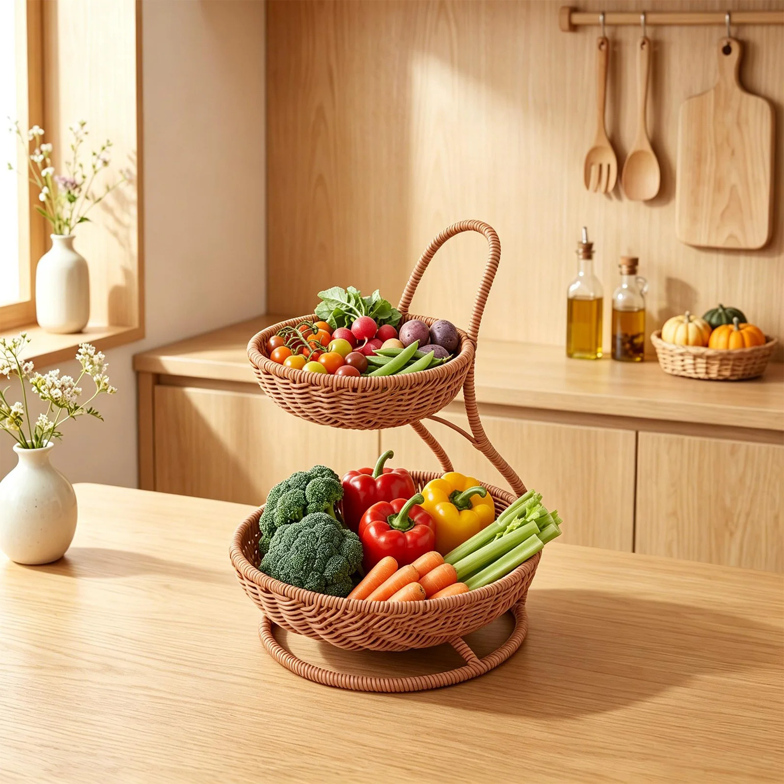 Cesta de Pascua de ratán de 2 capas con asa, cestas de frutas de imitación de ratán, contenedor de almacenamiento de aperitivos, regalo para frutas, verduras y bocadillos