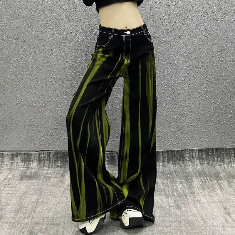 Streetwear Color-blocked Washed Casual Jeans For Women 2025 Autumn New High-waisted Loose High-waisted Straight Wide-leg Pants