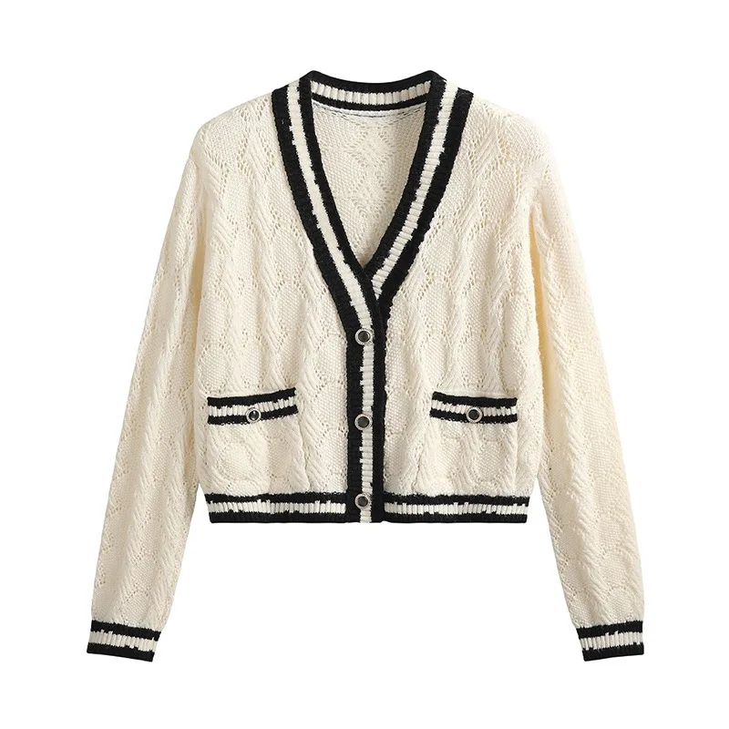 

Cable Knit Cardigan Black Contrast Striped Trim V Neck Metal Button Pocket Cropped Elegant Sweater Jacket Spring Outerwear