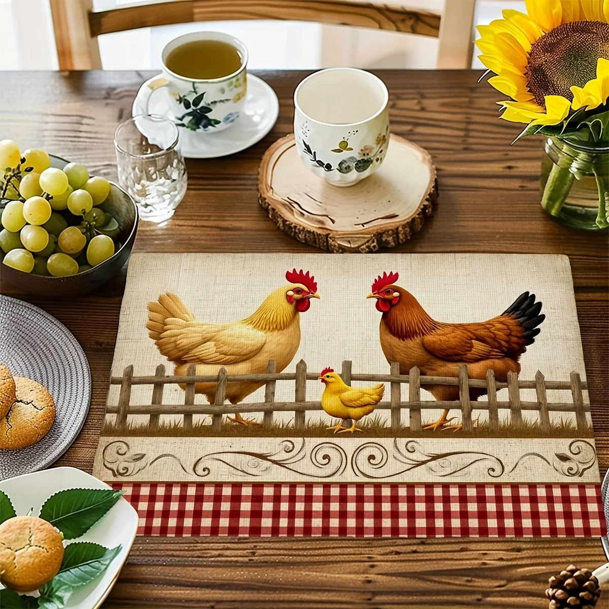 4/6/8pcs Farm Chicken Print Linen Placemats Set 4Pcs Rustic Table Mats For Dining Kitchen Heat Resistant Country Style
