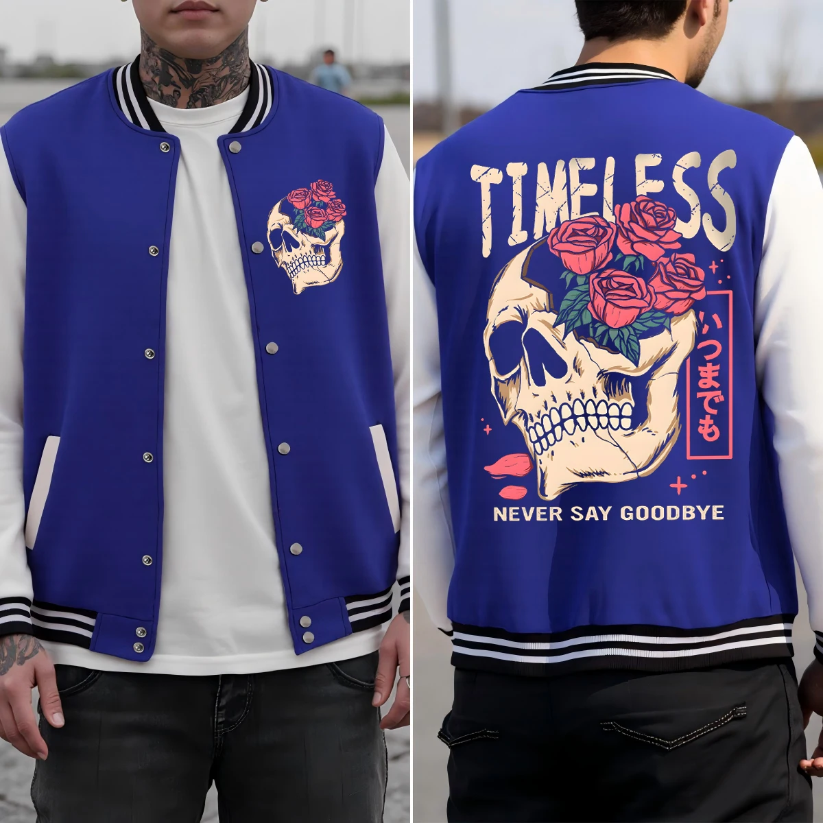 

Timeless Never Say Goodbye Flower Skull Print Men Jackets Casual Baseball Uniform Cotton Loose Sportswear Autumn Clothes