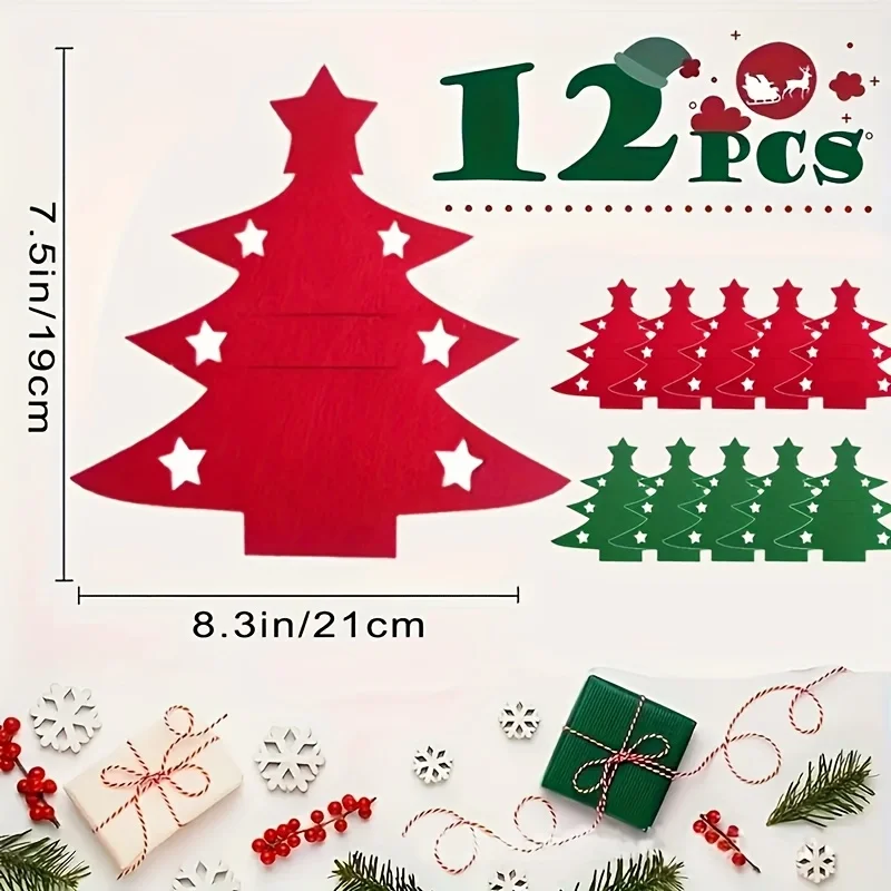 

12pcs Christmas Tree-Shaped Felt Utensil Holders - Red & Green Holiday Table Decor with Star Accents, Durable Felt Cutlery