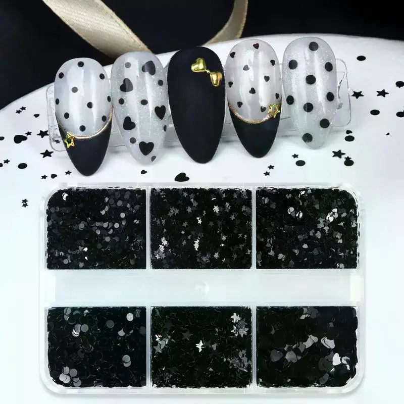 6 Grids/Box Round Black Dot Nail Art Glitter Sequins Vintage Manicure Star Heart Shape Shiny Nails Charms Decoration Accessories