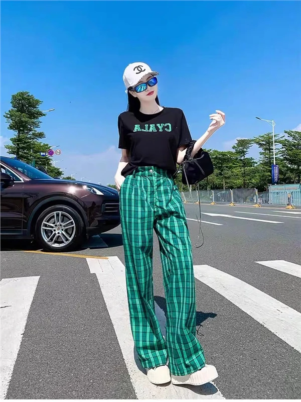 

Summer Sporty Plaid Wide Leg Pants Women's Casual Outfit Two-Piece Set Korean Style Fashionable Clothing Long Sleeve round Neck