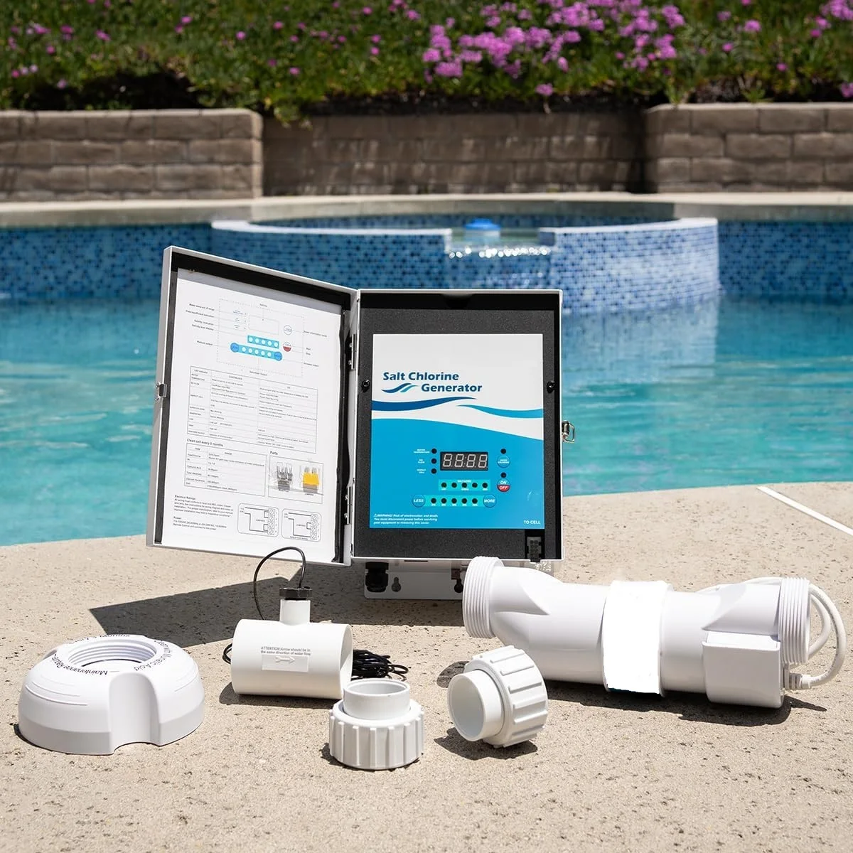 Pool chlorine generator salt chlorinator flow switch pipe set to 40k gallon capacity