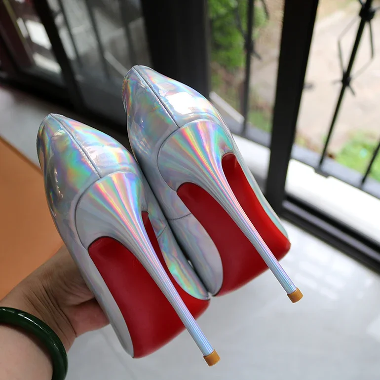 Silver laser pointed high heels with thin heels and ultra shallow mouth, electric light patent leather French custom size 12CM