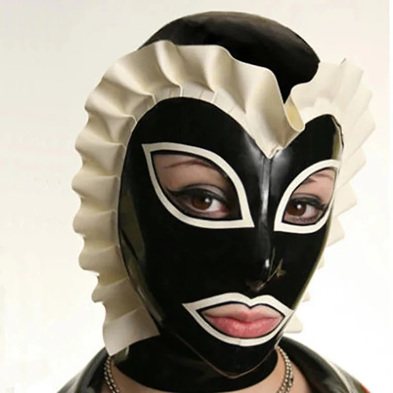 

Black with White Trim Fold Latex Adult Fetish Headgear Maid Cosplay Hood Mask Back Zipper hjk.5