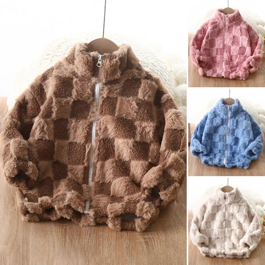 

Children Coat Cozy Plaid Kids Fleece Jacket for Fall Winter Warm Stand Collar Zipper Coat for Boys Girls Toddler Outerwear Solid