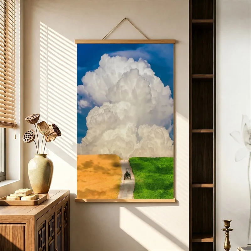 Wall Decor Solitary Clouds above Golden Farm Fields, Modern Minimal Pearlescent Canvas Wall Hanging Scroll for Reading Nook