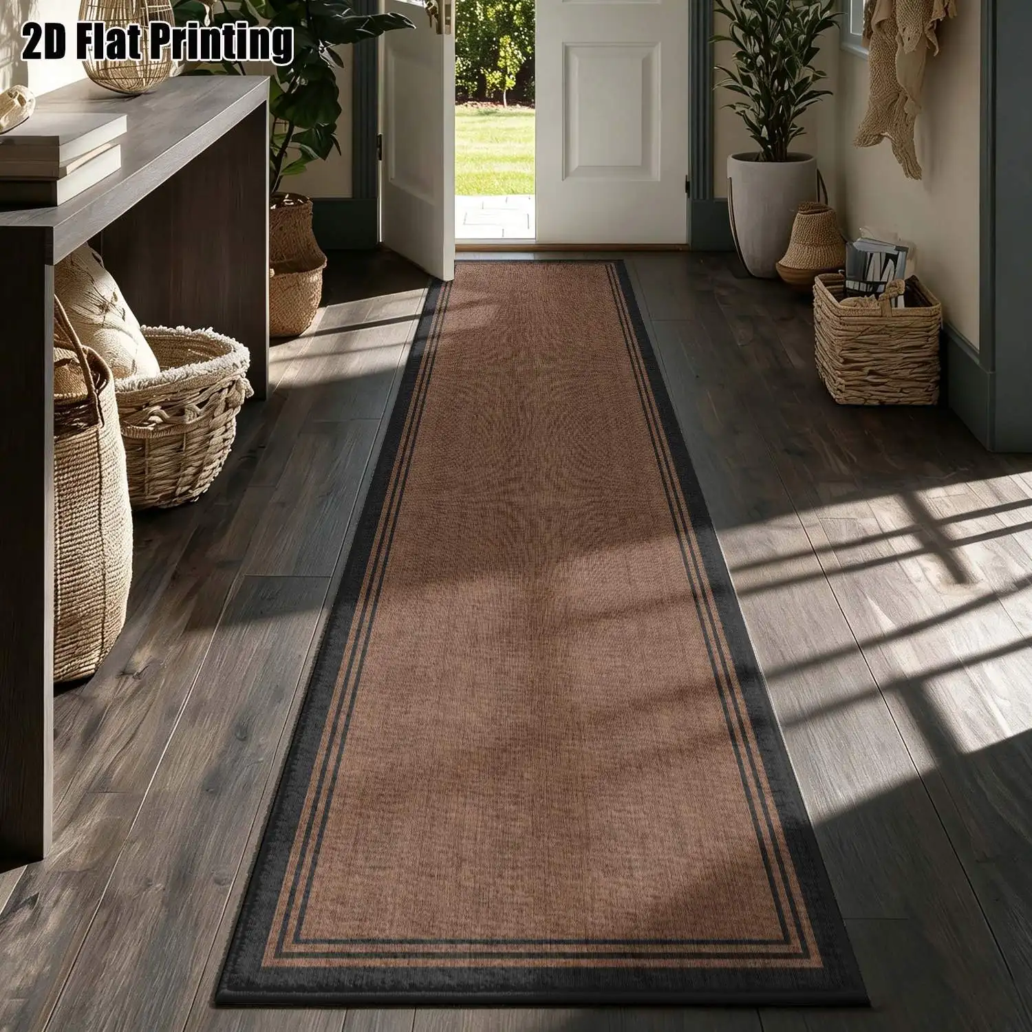 1Pc 2D Printed Brown Solid Color Geometric Nordic Modern Minimalist European Long Strip Runner Rug, Home Decor, Multiple Sizes, Machine Washable, for Hallway Entryway Living Room Bedroom