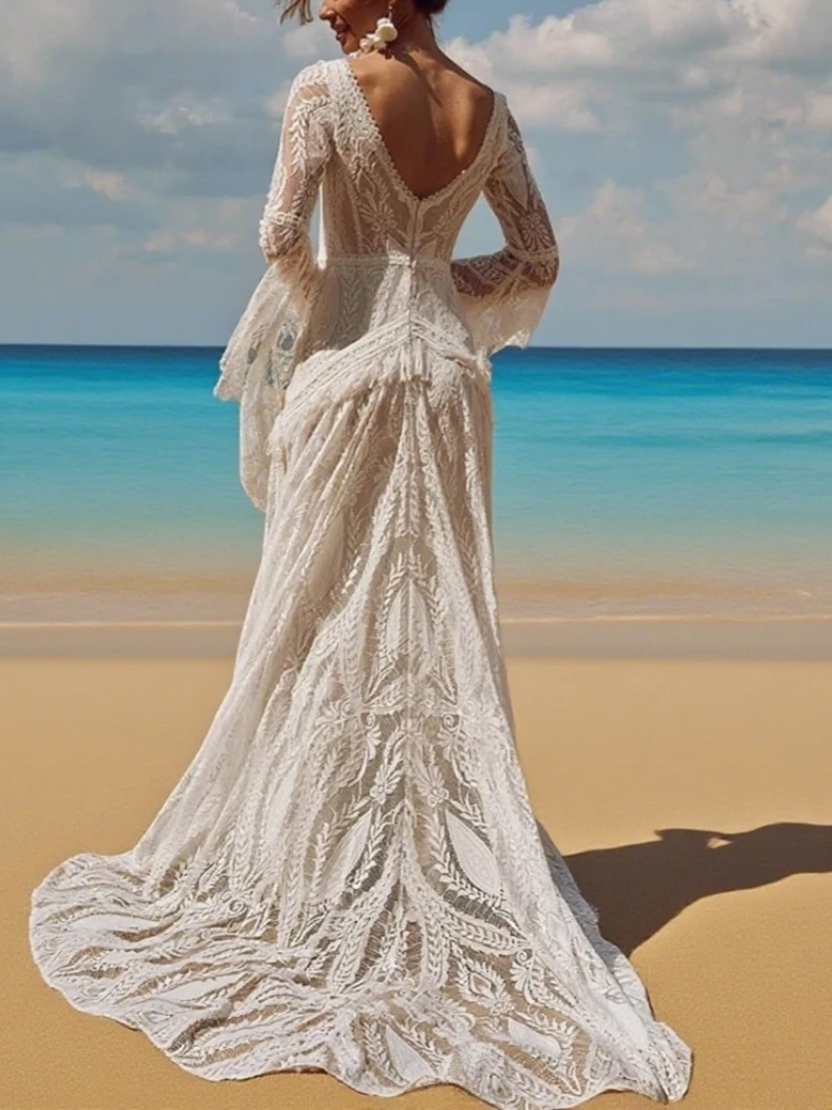 V ネックフレアスリーブレースのウェディングドレス女性のためのロング花嫁ドレス背中の開いたヴィンテージ衣装ブライダルドレスカスタマイズ