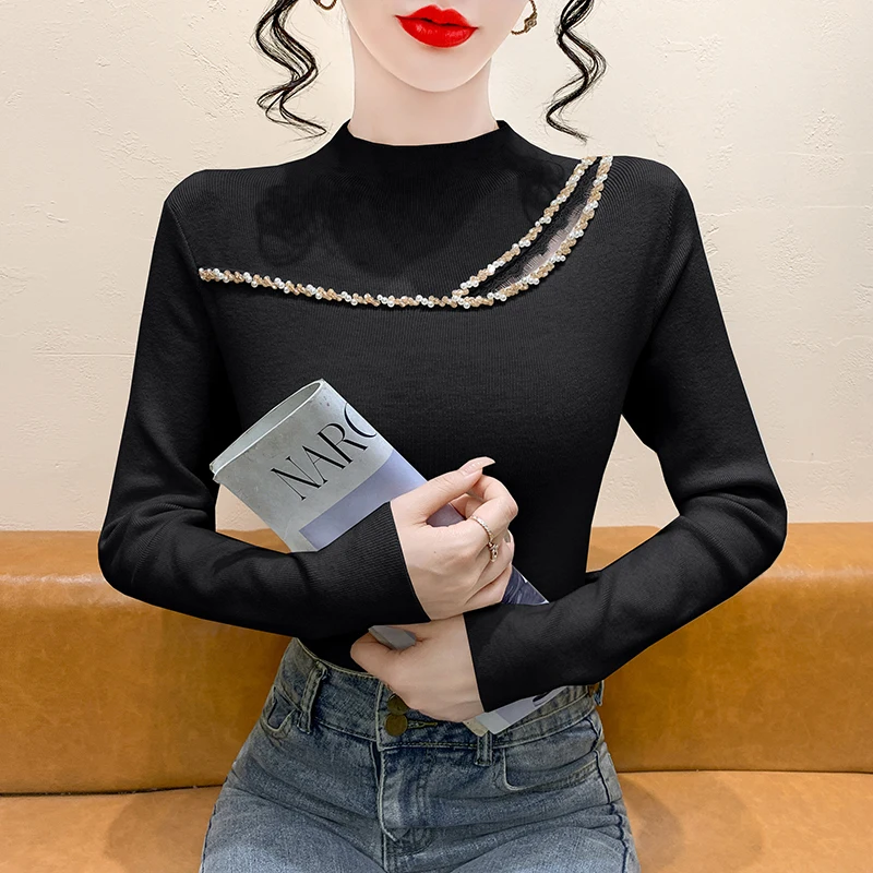 

Элегантный модный женский свитер в стиле пэчворк, кружевная вязаная рубашка, осень-зима, ажурные пуловеры из бисера, топы