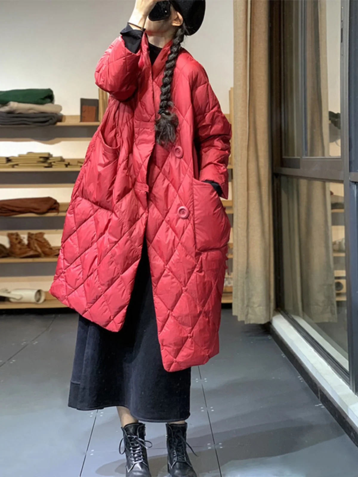 

Artistic Pure Color Diamond Pattern Warm down Cotton Jaet Women's Mid-Length Over-Knee Loose Lightweight Bread Coat