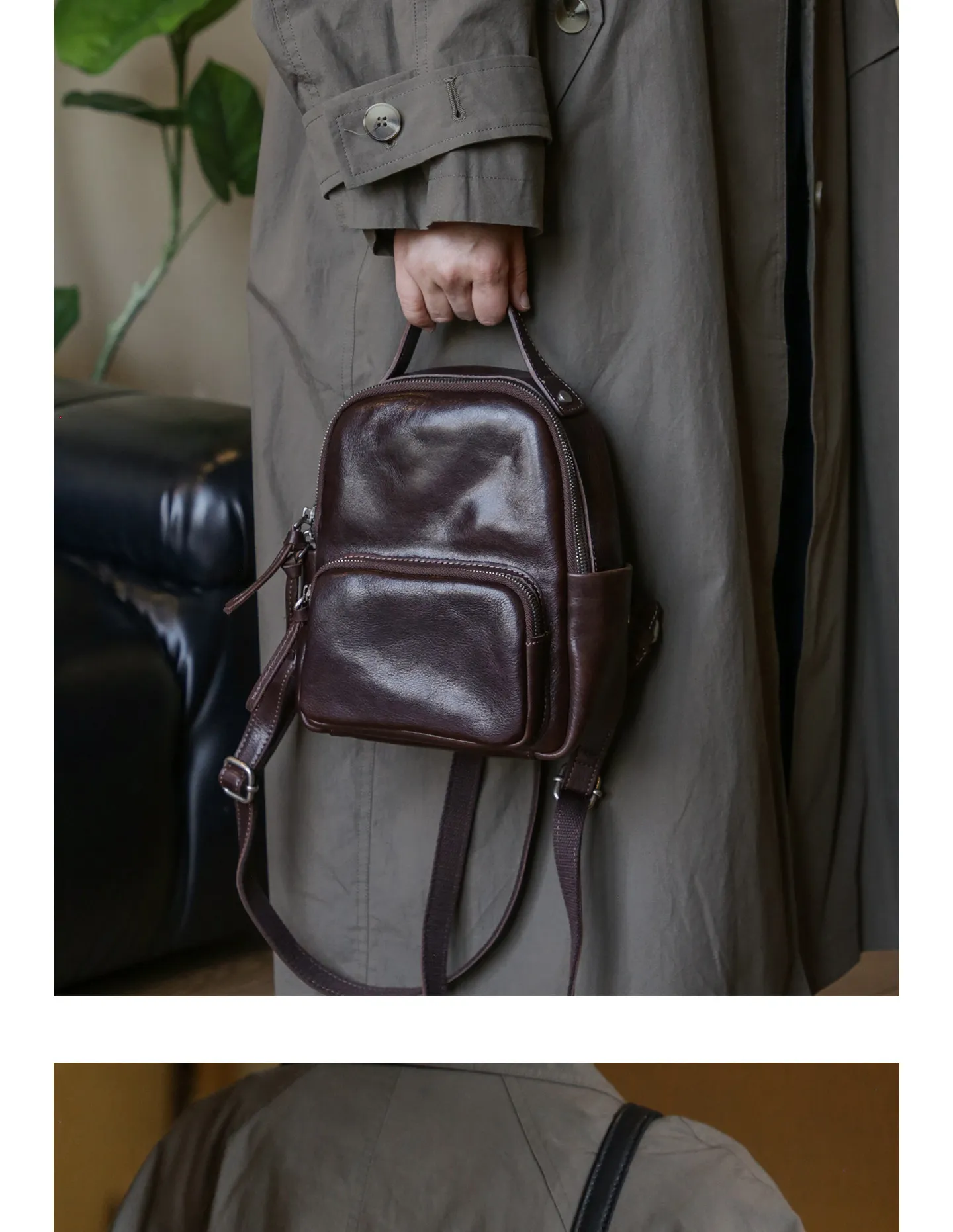 Lässiger Party-Rucksack aus Rindsleder für Damen, kleiner Designer-Rucksack, handgefertigt, weiches Echtleder, niedlicher Damen-Bücherrucksack – Detail 10