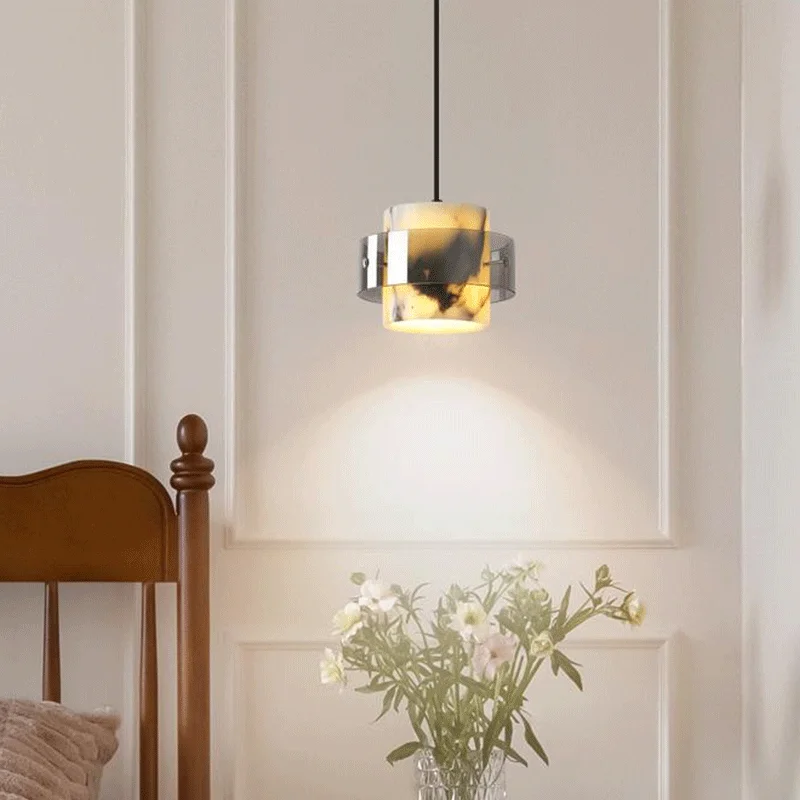 Luxe zwarte ronde natuursteen hanglamp High-end slaapkamer nachtkastje LED kroonluchter woonkamer decoratie thuis hangende lichten