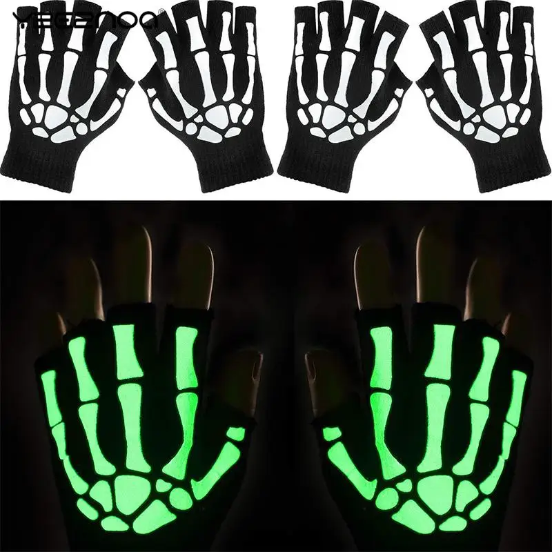 

Punk Gloves Unisex Halloween Skeleton Skull Half Finger Gloves Glow In The Dark Fingerless Stretch Knitted Winter Warmer Mittens