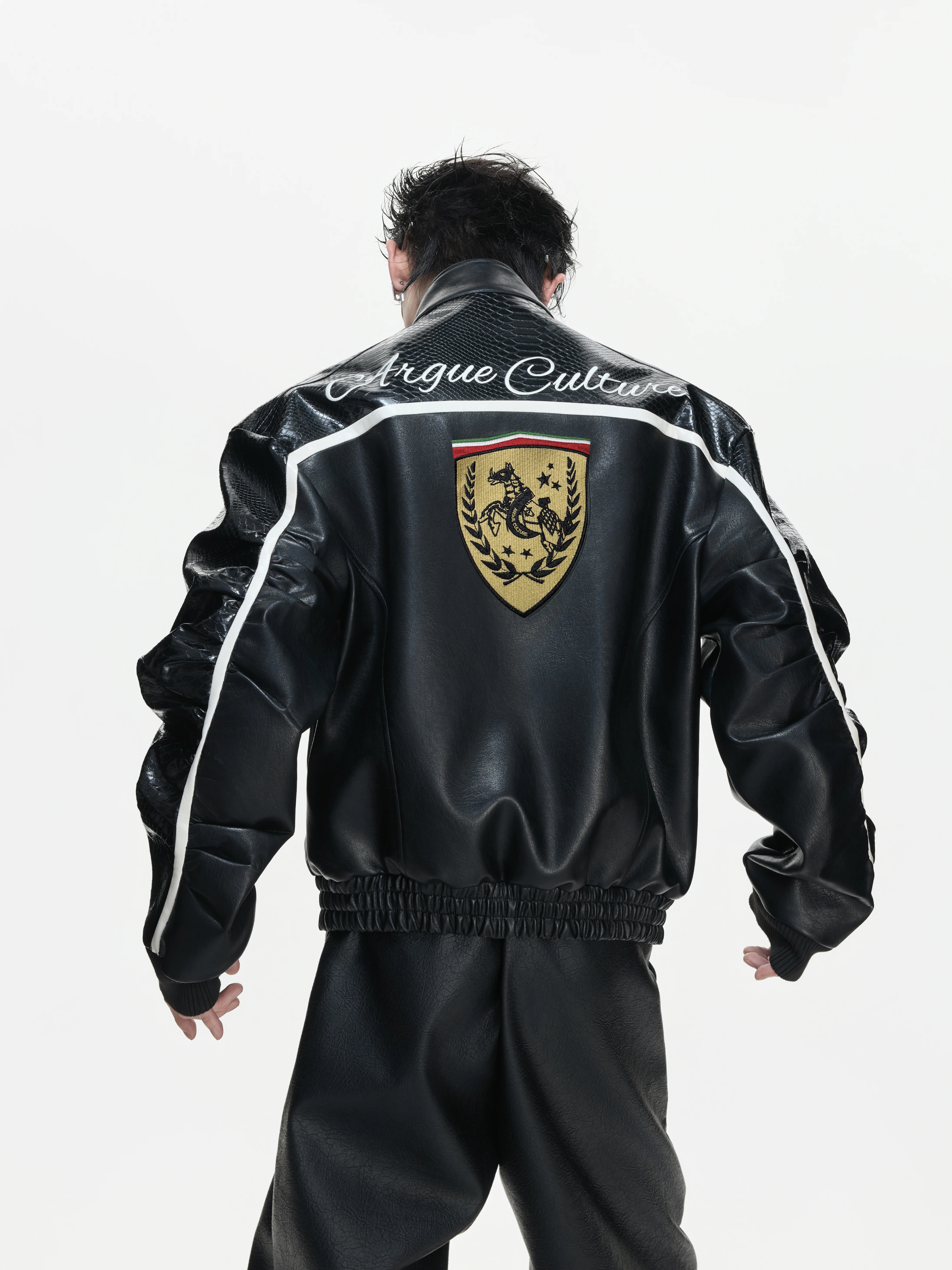 Retro Embroidered Shield Coat Jacket Wide Short Fashion Urban Style Motorcycle Clothes Contrast Color PU Leather Jacket for T...