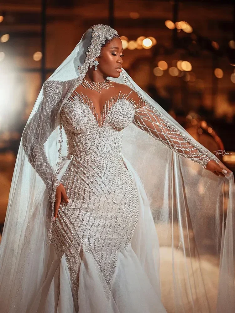 Ilusão personalizada alta pescoço contas completas lantejoulas sereia vestidos de casamento com overskirt de tule mangas completas vestido de noiva africano