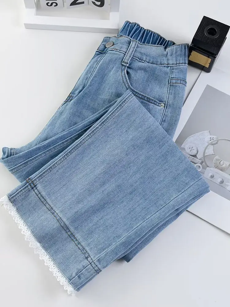 Sweet Lace Splicing Jeans High Waist Elastic Nine Points Straight Leg Pants plus Size Smoking Pants Casual Cotton Stretch Denim