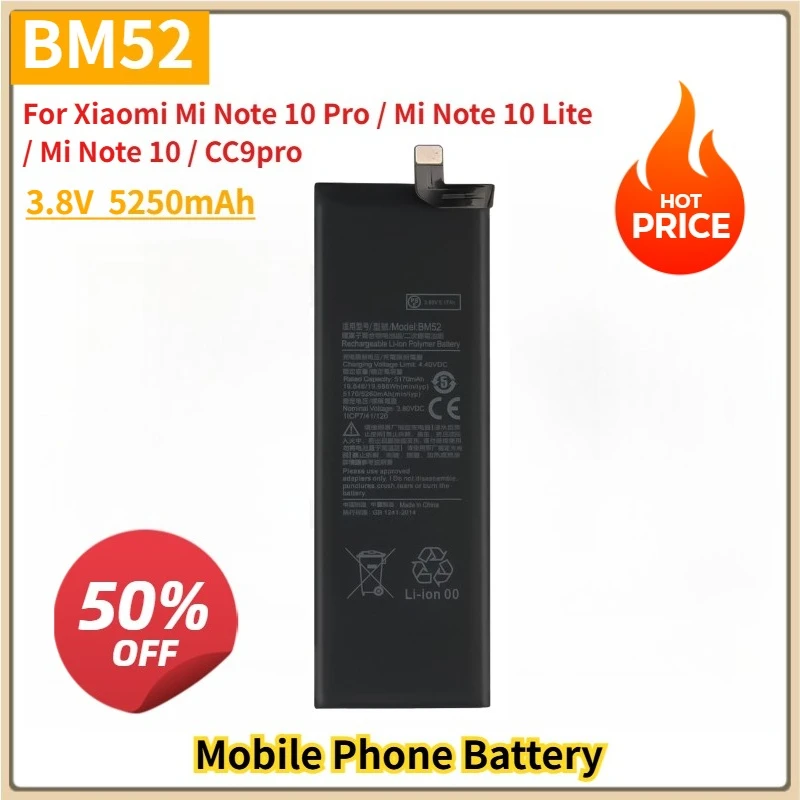 Новый сменный аккумулятор BM52 3,8 В для Xiaomi Mi Note 10 Pro/Mi Note 10 Lite/Mi Note 10/CC9pro телефона 5250 мАч литий-полимерный