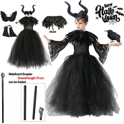 Halloween Costume Maleficent Tutu Dress For Girls Cosplay Evil Queen Black Mesh Princess Dress Kids Crow Wand Maleficent