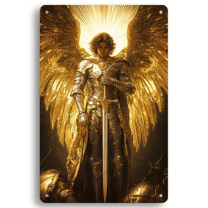 Vintage AluminumMetal Wall Decor Sign, Archangel Michael Art Poster with Halo and Sword
