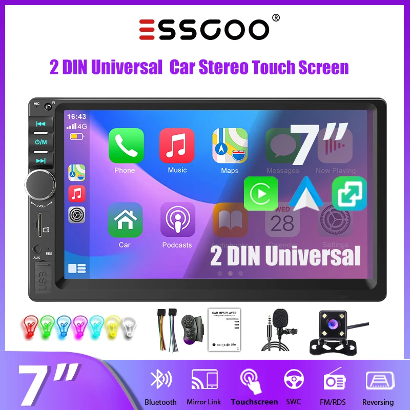 Universeller MP5 Player ESSGOO 7 Zoll 2 DIN Autoradio Touchscreen Apple CarPlay Android Auto Bluetooth AUX TF USB FM Mirror Link