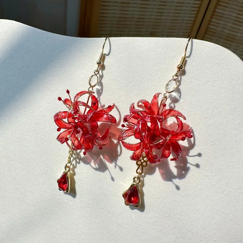 Original Design Flower Resin New Arrival Red Spider Lily Clip On Earrings for Hanfu Makeup Accessory Elegant Style Women Gift