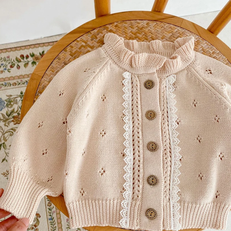 Autumn New 0-2 Year Old Baby Coat for Girls Sweet and Versatile Lace Cardigan with Hollow Wooden Ear Collar and Lace Knitted Coa