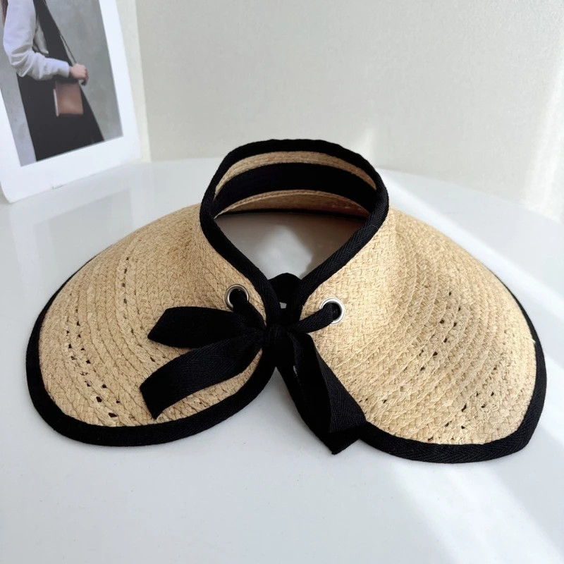 

Summer Empty Top Straw Hat For Women Foldable Wide Large Brim Bowknot Sun Hat Travel Beach UV Protection Caps