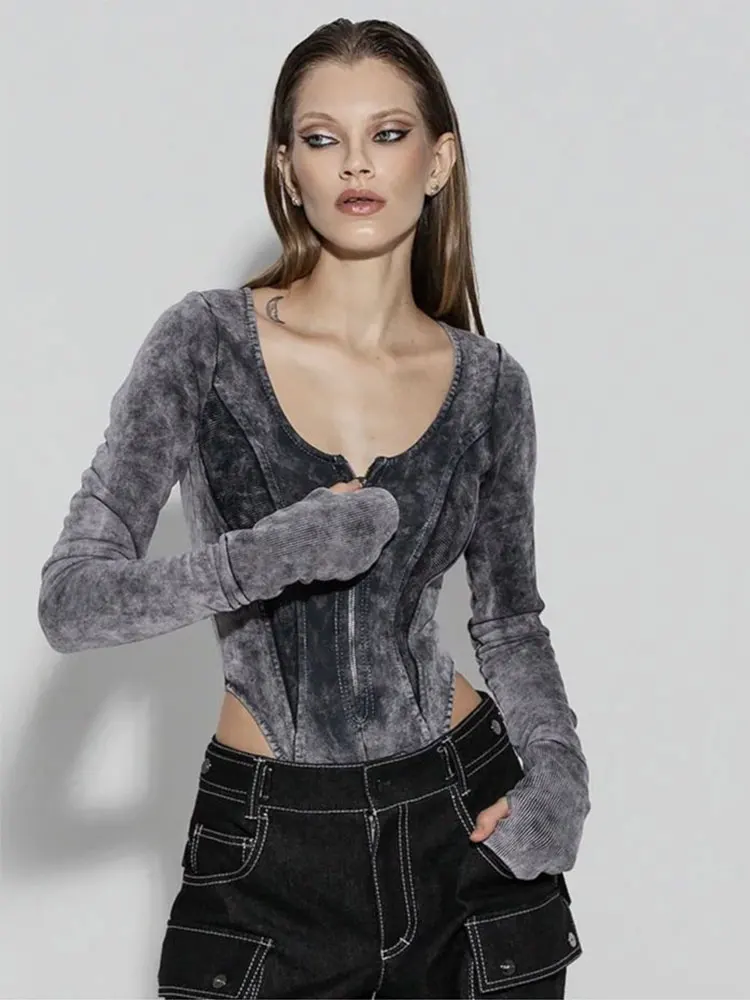 

200g Washed and Aged One-piece Tight-fitting Top Autumn Outerwear European and American Slimming Figure-Hugging Women's Clothing