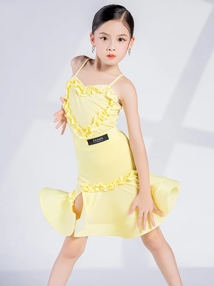 Costume da ballo latino per ragazze vestito giallo Sling top gonna ChaCha Dancer Outfit Samba Practice Wear Rumba Dancing Clothes VDB6576