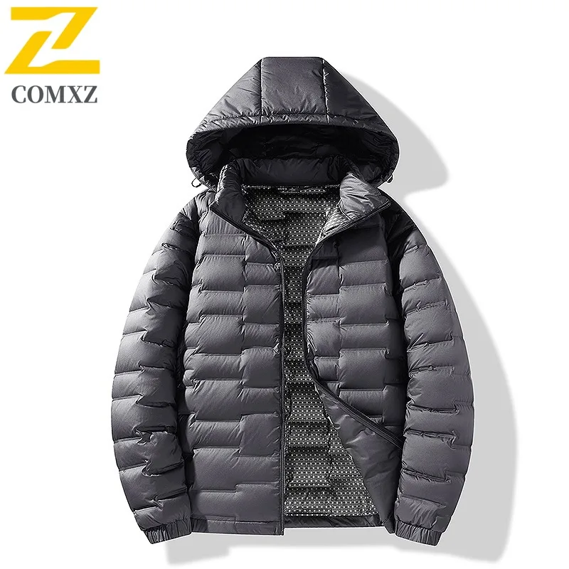 COMXZ Luxury Men Down Jacket Classic Hooded Outdoor Work Ultra Light Puffer Jacket Hiking Comfort Thickened Warm Winter Coat