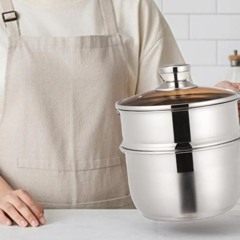 204 Stainless Steel 2 Layer Steamer Pot With Glass Lid Multipurpose Cooking Gadget For Vegetables Seafood Pastas