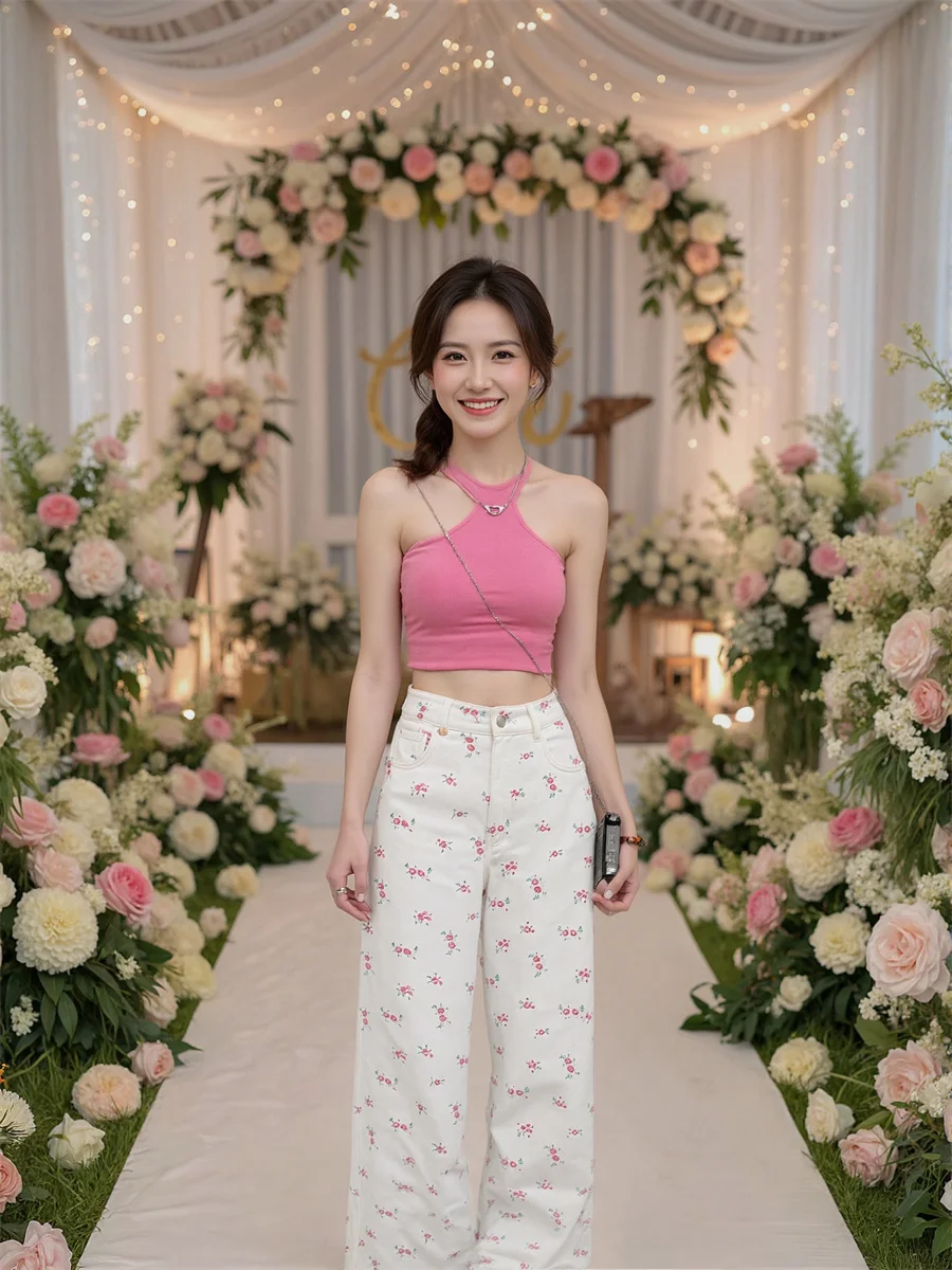 달콤한 꽃무늬 하이웨이스트 청바지 여성용 데님 팬츠 여름 나일론 테이퍼드 E-걸 비치웨어 휴가 리조트 BF