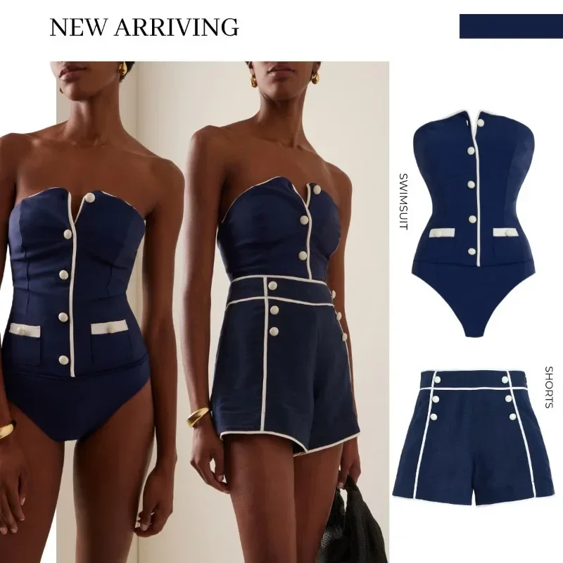 Nuovo costume da bagno Nuovo set di costumi da bagno interi semplici senza spalline blu scuro per le donne estive in magazzino
