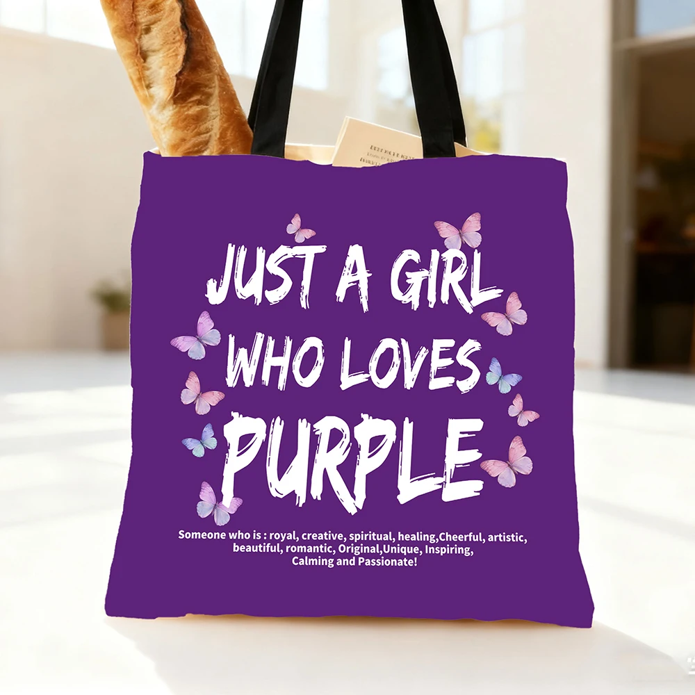 1pc  Cute Purple Girl  Tote Bag, Purple Butterfly Print Reusable Shopping Bag, Spacious Shoulder Bag for Daily Use, Grocery, Tra
