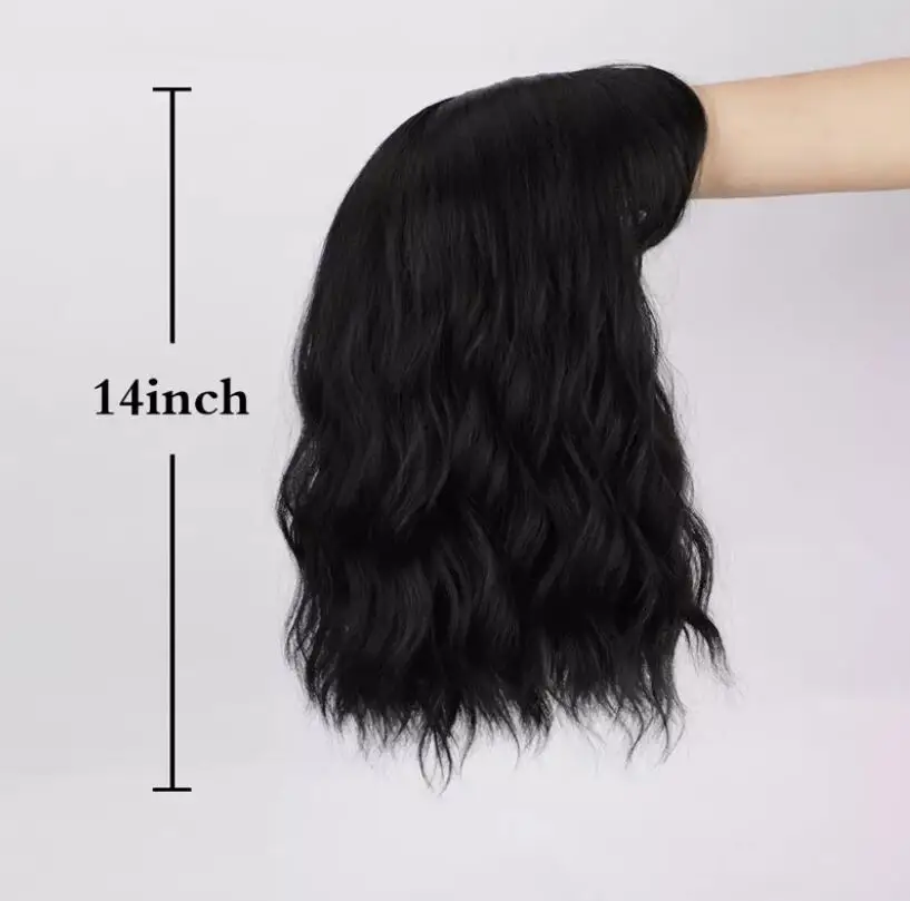 Wig Bob bergelombang Natural pendek hitam, dengan poni sintetis pesta lembut untuk wanita