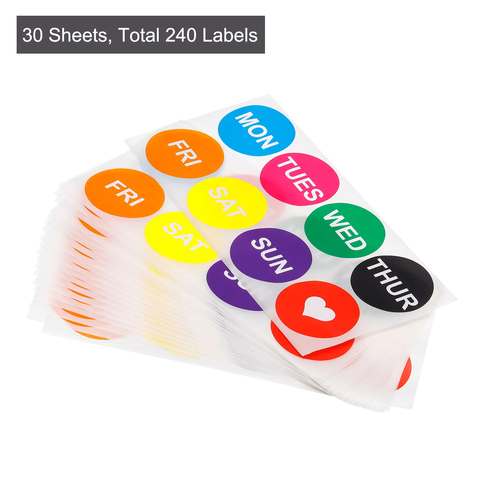 30 Sheets 50mm Color Sticker Round Labels 7 Days of the Week with a Heart Labels Color Coding Sticker for Food Rotation Labels