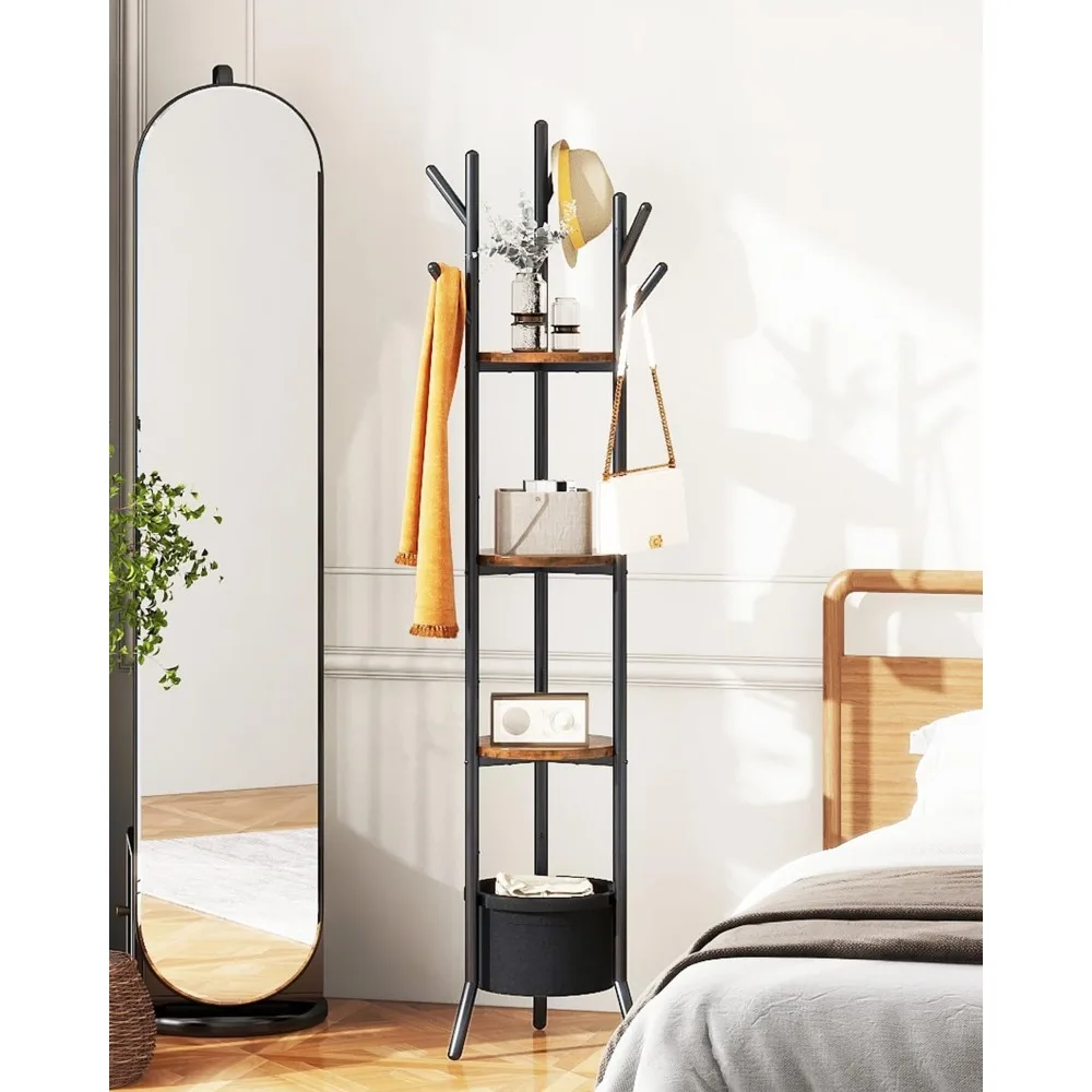 رف معطف قائم بذاته مع 3 أرفف خشبية وتخزين سلة قماشية، شجرة قاعة بإطار معدني