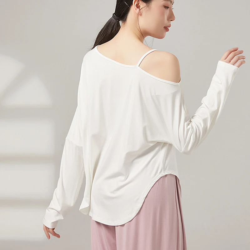 Women’s Modern Dance Top Modal Loose Classical Dancing T-Shirt Yoga Workout Blouse Female Latin Practice Off-Shoulder Costume